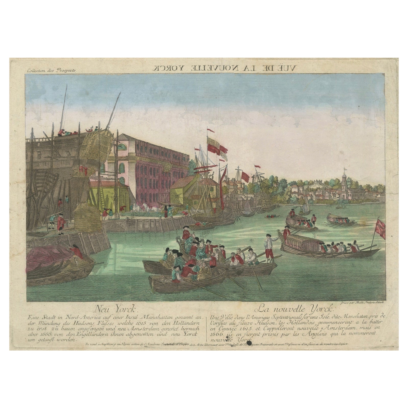 Optical View of New York City Manhattan Harbor Hand-Colored Augsburg, ca.1775