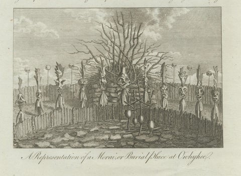 Hawaii Religious Site & Village Engravings, Owhyhee, Cook Voyage, c.1790, close-up 1