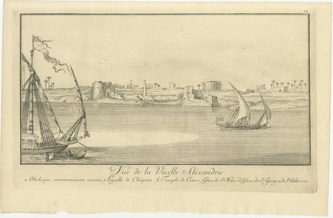 Old Alexandria Harbor, Antique Egypt Engraving by Norden & Tuscher, 1755, view 2