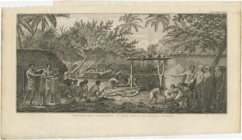 Human Sacrifice in a Morai, Tahiti, Cook Voyage Engraving c.1795, view 2