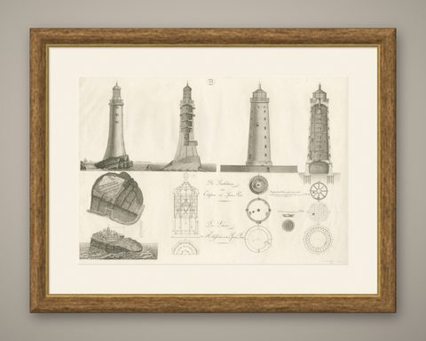 Lighthouse Architecture & Engineering Engravings, Set of 3, c. 1800, shown framed