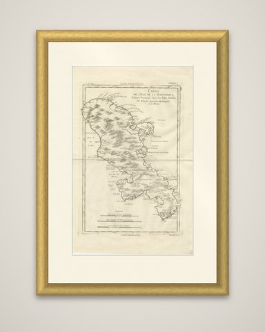 Antique Map Martinique Caribbean Island Chart, Rigobert Bonne French Map, c.1780, shown framed