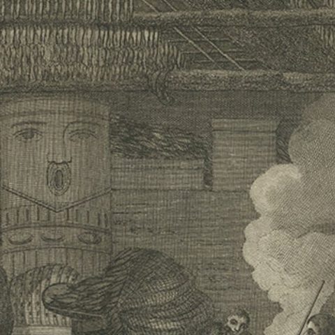 Interior of a Nootka House, Vancouver Island, Cook Voyage Engraving c.1795, close-up 2
