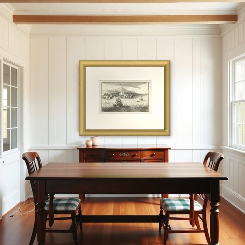 Antique St Eustatius Caribbean View, Ships Harbor, Tournefort 1717, shown framed in a room