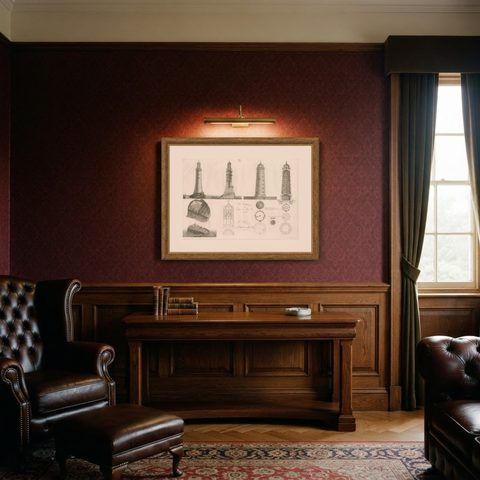 Lighthouse Architecture & Engineering Engravings, Set of 3, c. 1800, shown framed in a room
