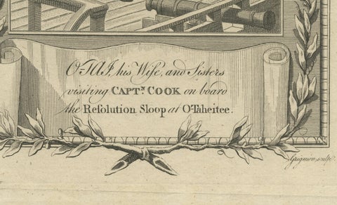 1778 Engraving: Captain Cook's Second Voyage, Meeting the Tahitians, close-up 1