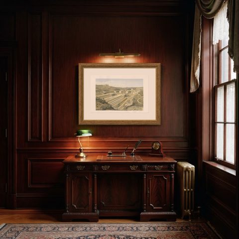 Antique Print of Docks at Sebastopol 'Crimean War' by W. Simpson, 1855, shown framed in a room