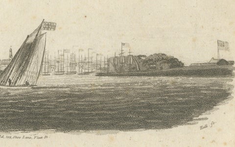 New York Harbor Panorama, sailing ships & city skyline, British engraving, 18050, close-up 1