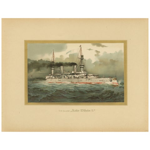 SMS Kaiser Wilhelm II: German Flagship Battleship in Chromolithograph by H. Graf