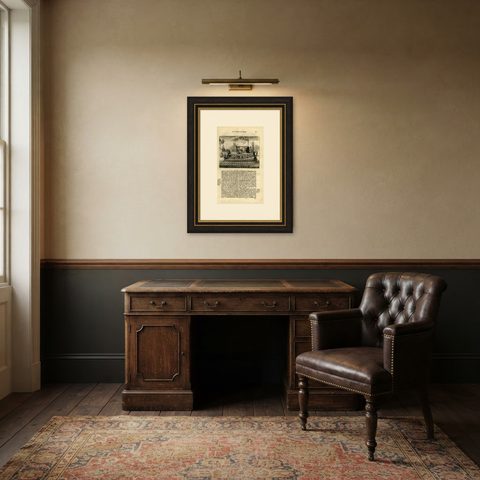 Antique Print of a Japanese Pleasure or Galley Yacht (1669), shown framed in a room