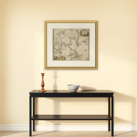 Antique Sea Chart of Hudson Bay and Arctic Canada by Van Keulen, circa 1681, shown framed on a wall