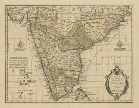 Detailed Decorative Antique Map of the Coast of Malabar and Coromandel, India, close-up 1