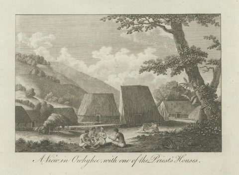 Hawaii Religious Site & Village Engravings, Owhyhee, Cook Voyage, c.1790, close-up 2