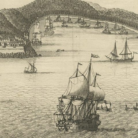 Antique Print of Kannur or Cananore with Ships, in Kerala, India, 1726, close-up 2