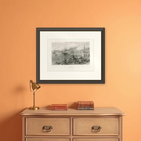 New Orleans Harbor, Mississippi River Shipping and Steamers, Engraving ca.1850, shown framed on a wall