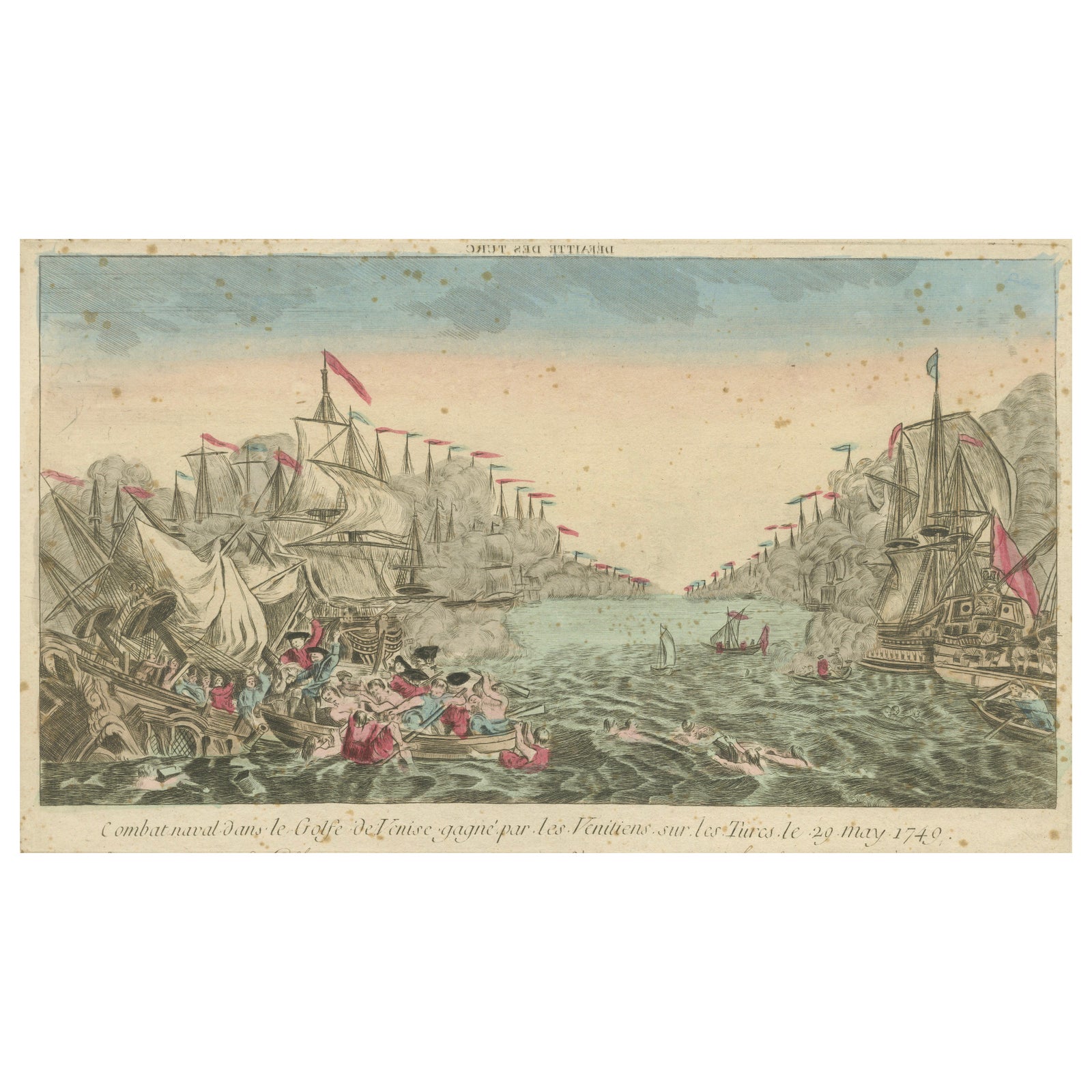 Venetian Naval Battle Print, Rare Optical Vue of Venice versus Turks, c.1770