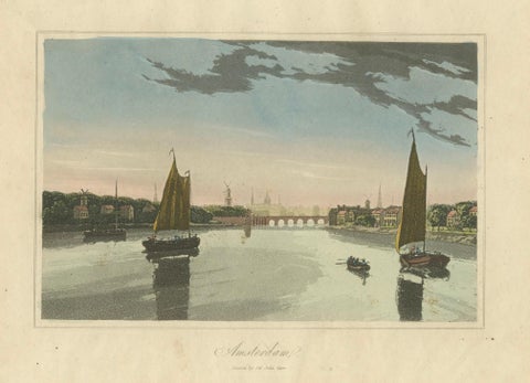 Antique View of Amsterdam with Sailing Boats, Hand-Colored Print c.1818, close-up 1