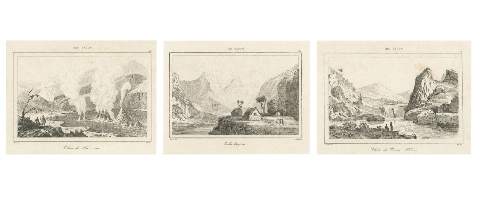 Hawaiian Volcanoes & Valleys, Antique Voyage Engravings, Renzi, Paris 1836
