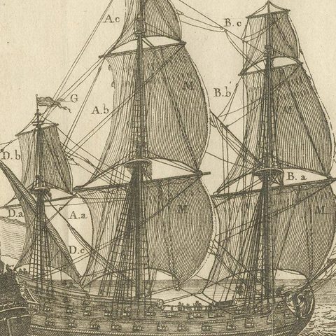Antique Print of a Vessel with All the Sails by Pluche '1735', close-up 2