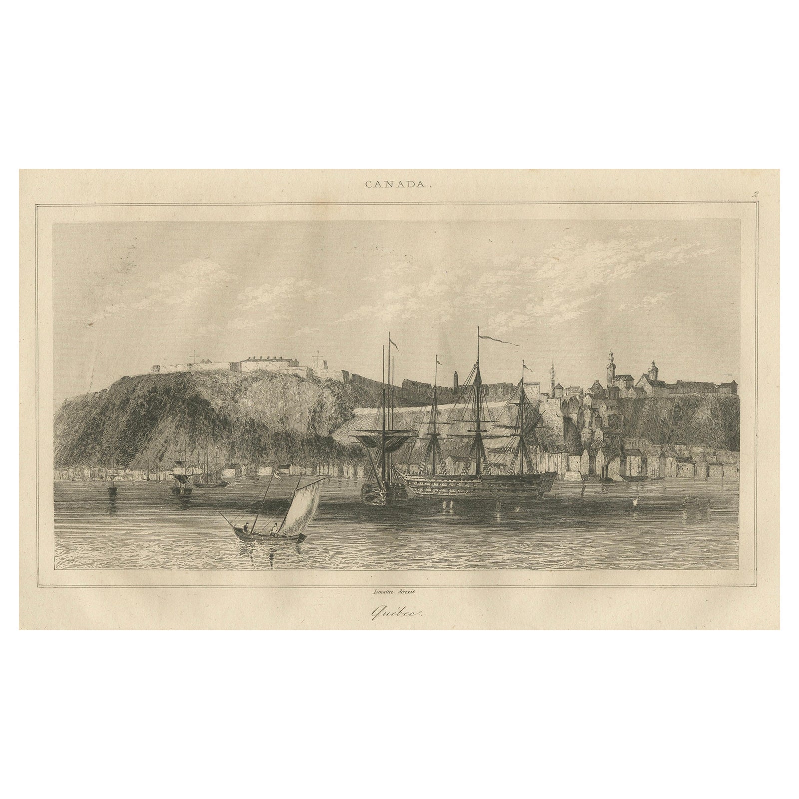 Antique View of Quebec City from the Water, Canadian Harbour Scene, c.1850