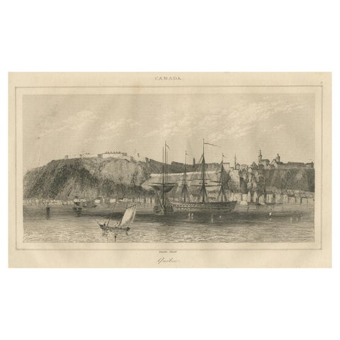 Antique View of Quebec City from the Water, Canadian Harbour Scene, c.1850