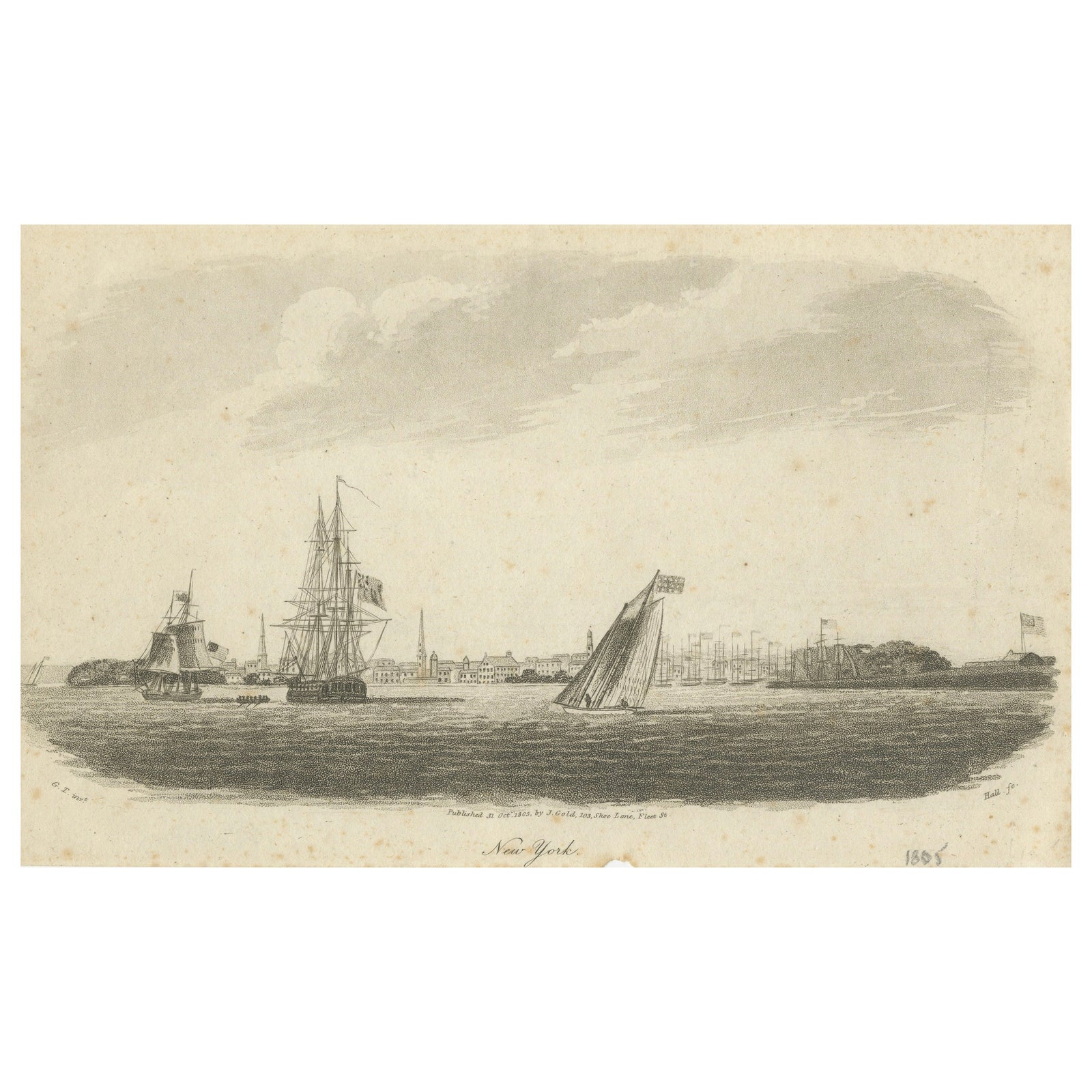 New York Harbor Panorama, sailing ships & city skyline, British engraving, 18050