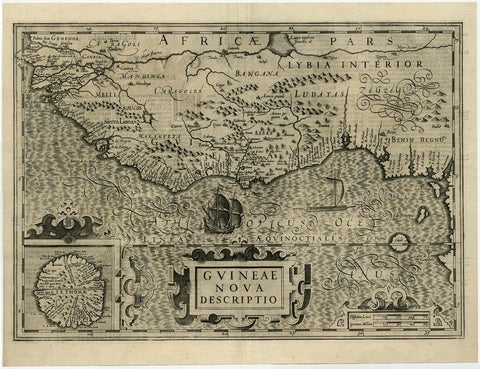 Old Decorative Map of the West African Coast & St. Thomae Island, c.1600, view 2