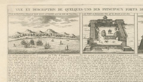 Antique Dutch East Indies Forts Engraving, VOC Batavia, Ambon & Banda, c.1719, close-up 1