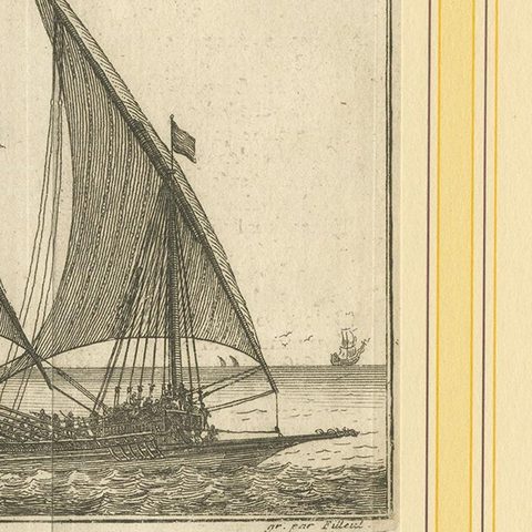 Antique Print of a Sailing Galley by Pluche '1735', close-up 1