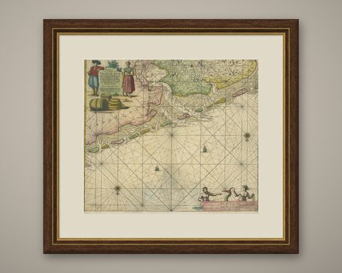Old Decorative & Highly Detailed Sea Chart of the North Dutch-German Coast, 1681, shown framed