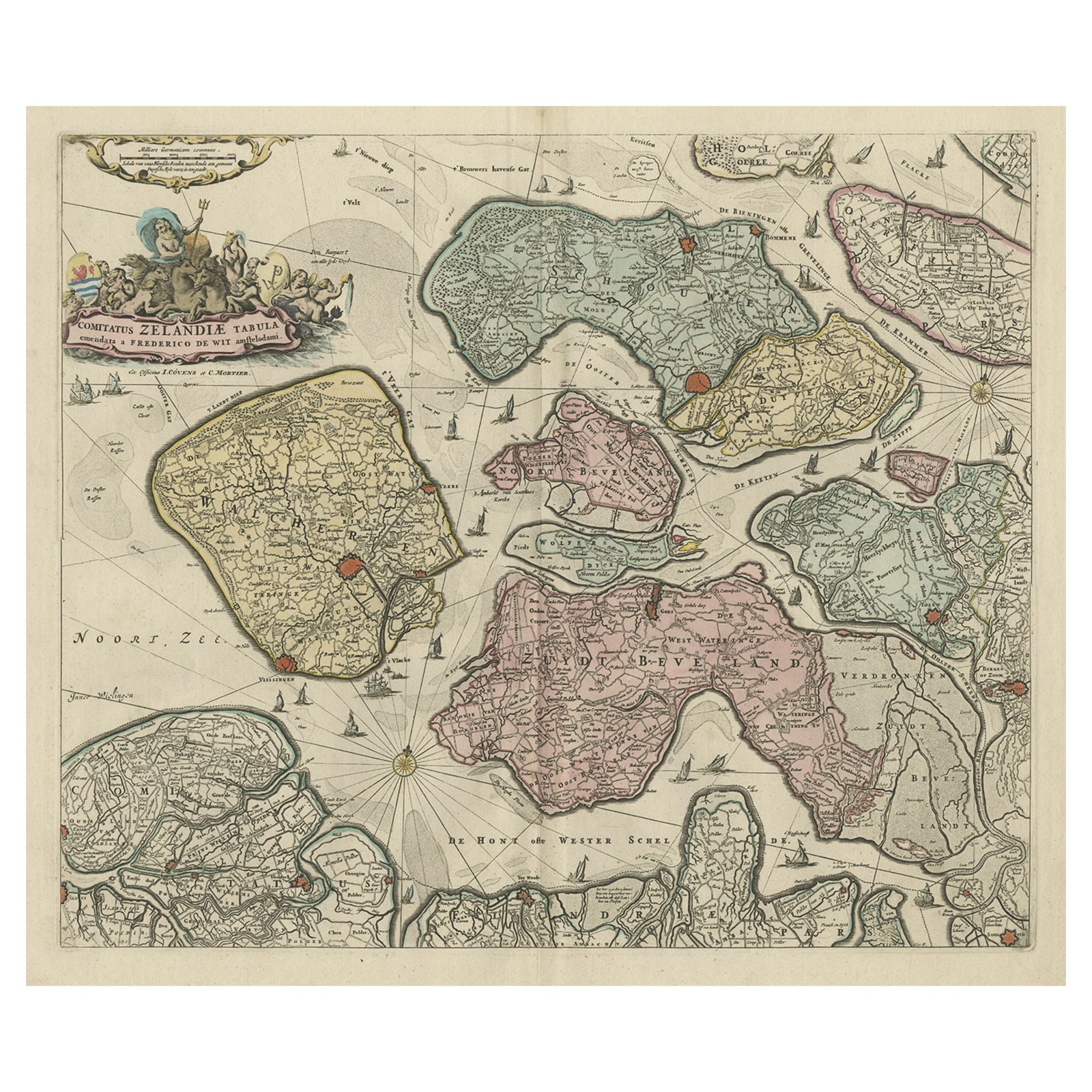 Decorative Antique Sea Chart of Zeeland, a Province of the Netherlands, ca.1730