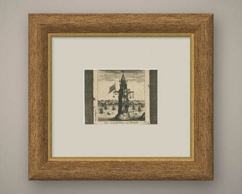 Lighthouse at Plymouth, Engraving by Pieter van der Aa, Leiden 1707, shown framed