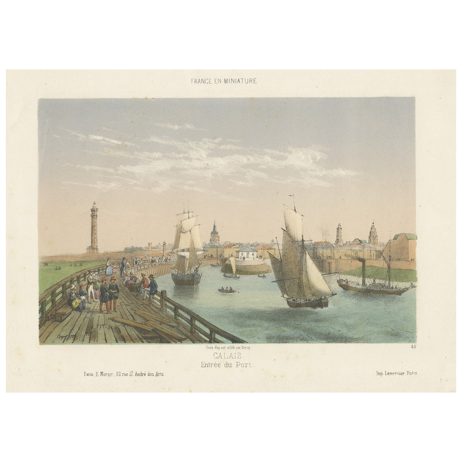 Original Antique Print of the Port of Calais, France, ca.1860