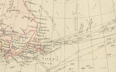 1882 Map of the North Atlantic Ocean Showing Cable Tracks and Trade Winds, close-up 4