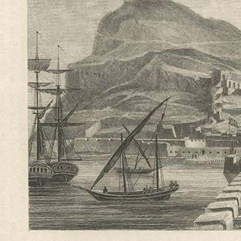 Antique Print of the Harbour of Gibraltar by S. Davenport, circa 1840, close-up 1
