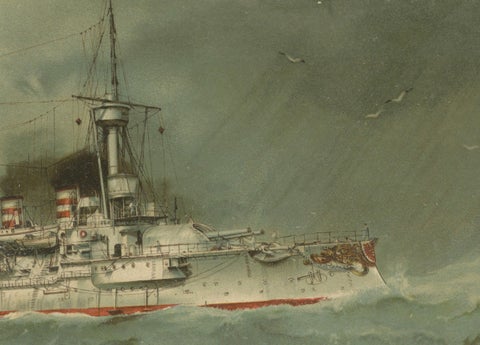 SMS Wörth: German Pre-Dreadnought Battleship in Stormy Seas, 1903 Chromolitho, close-up 1