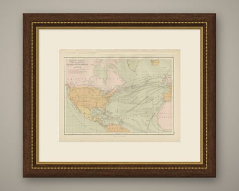 Antique Chart of the Atlantic Ocean, Europe to North America Route, 1870, shown framed