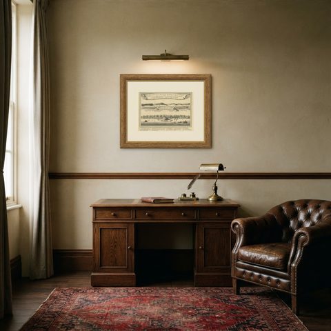 Antique Print of a Fort on the Ivory Coast and Axim, Africa, 1748, shown framed in a room