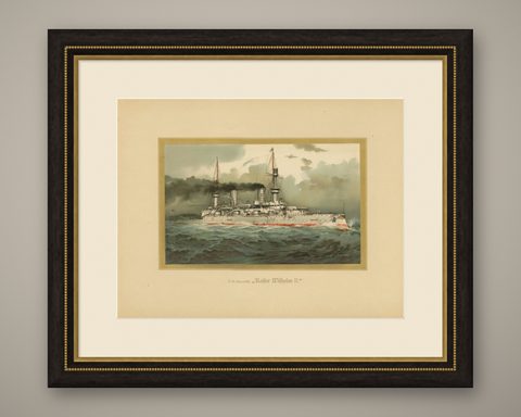 SMS Kaiser Wilhelm II: German Flagship Battleship in Chromolithograph by H. Graf, shown framed