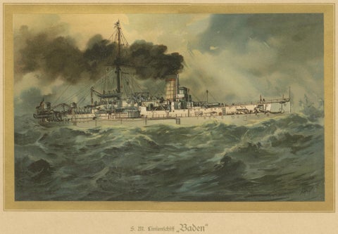SMS Baden: German Coastal Defense Ship in Turbulent Seas, 1903 Chromolithograph, close-up 3
