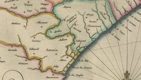 Blaeu Virginia and Florida Map, Decorative Early America Chart, 1642, close-up 4