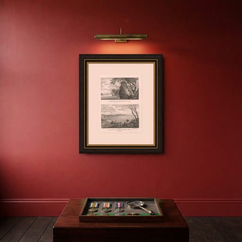 Scenic Views of Inseln Bay, New Zealand, from the Astrolabe Voyage, circa 1836, shown framed on a wall