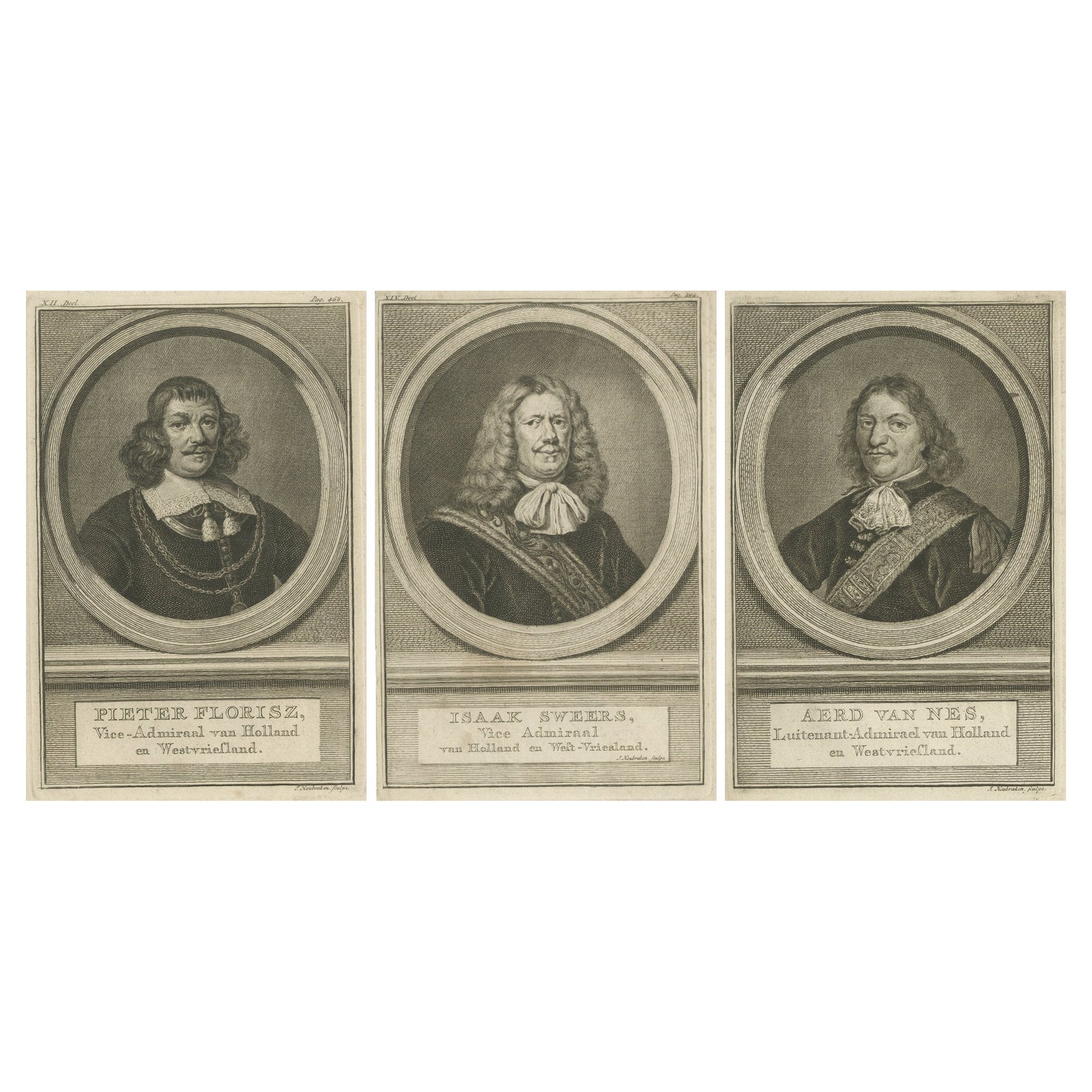 Dutch Naval Leaders, Florisz, Sweers, and Van Nes, c.1750 Copper Engravings