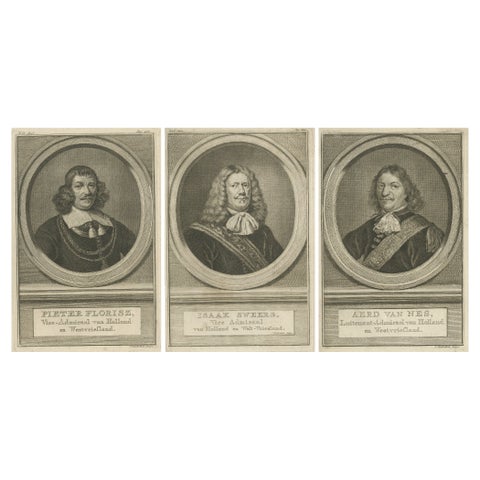 Dutch Naval Leaders, Florisz, Sweers, and Van Nes, c.1750 Copper Engravings