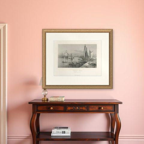 City of Boston, Harbor View from South Boston, Antique Maritime Engraving, 1870, shown framed on a wall