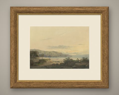 Original Antique Chromolithograh of Srigonjo Bay, the South Coast of Java, 1872, shown framed