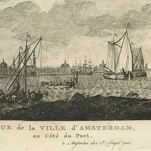 Antique Print with a View of Amsterdam from the IJ Dock by H. Schouten, close-up 1
