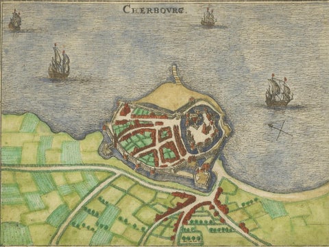 Cherbourg, Antique Hand-Coloured French Coastal Town Engraving (1666), close-up 1
