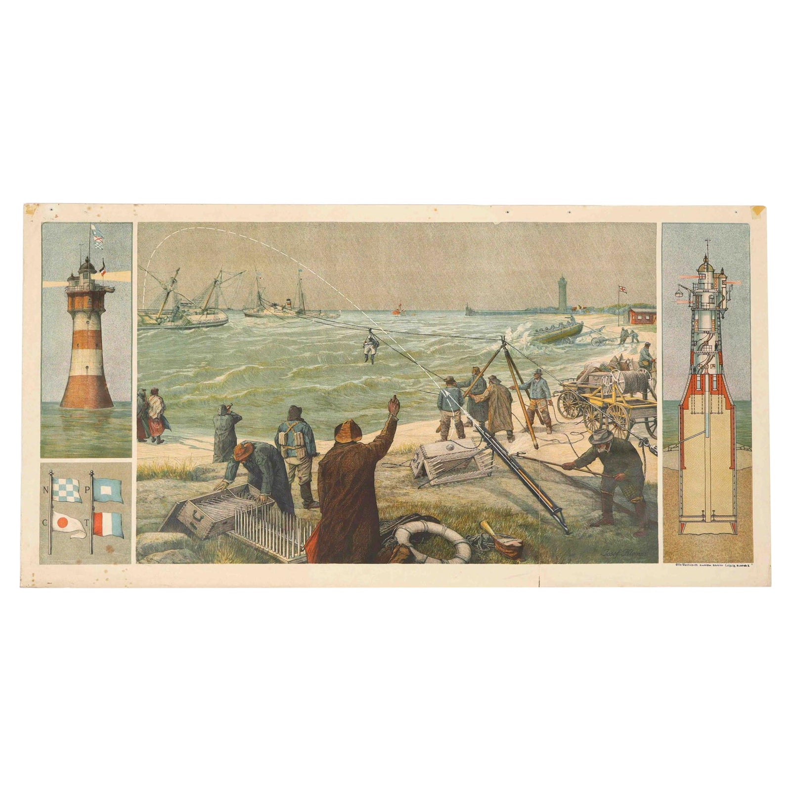 Large Lighthouse Rescue Schoolplate, Josef Klemm Chromolithograph, c.1900