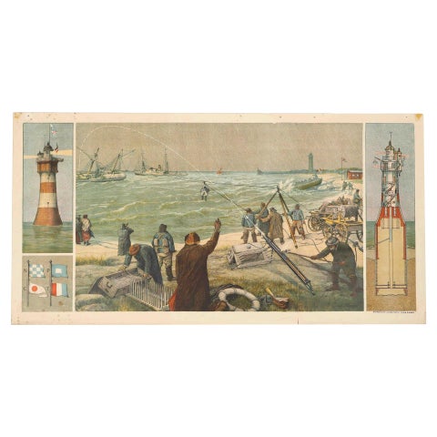 Large Lighthouse Rescue Schoolplate, Josef Klemm Chromolithograph, c.1900